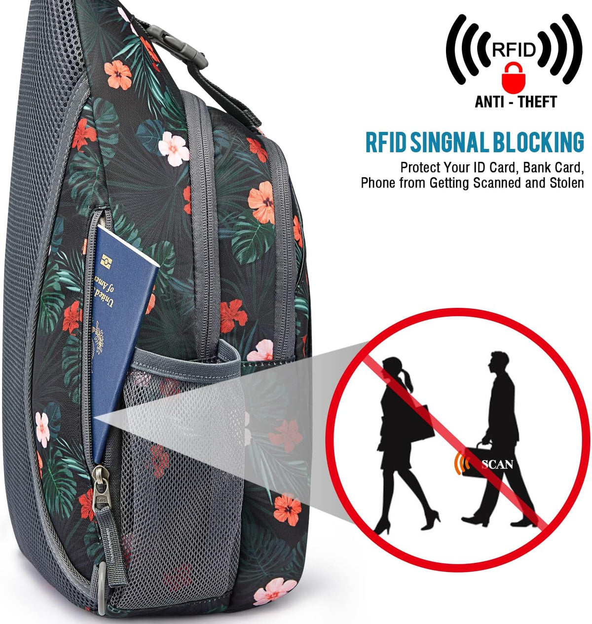 G4Free Sling Bag RFID Blocking Sling Backpack Crossbody Chest Bag Daypack for Hiking Travel(Black Base Floral)