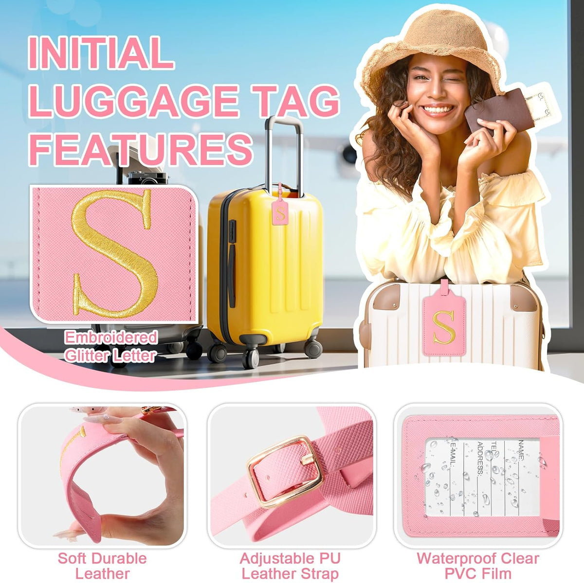 Personalized Initial Luggage Tags for Suitcase, Pink Leather Cute Luggage Tags with Privacy Cover Name Card, Embroidered Custom Monogrammed Luggage Tag Travel Bag Baggage Tags Gifts for Women Kids(S)