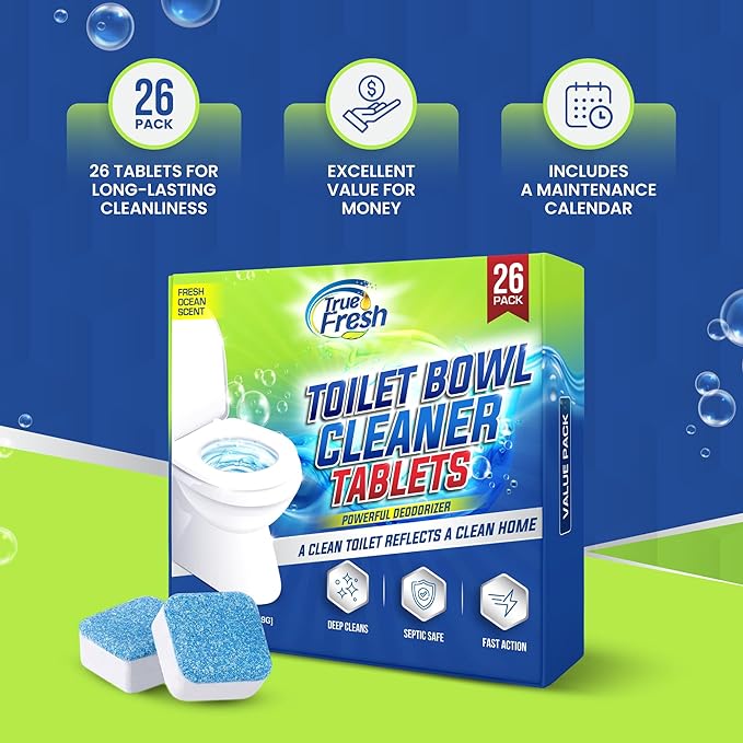 True Fresh Toilet Bowl Cleaner Tablets 26 Pack – Deodorizer & Septic Safe – Deep Cleaning, Odor Eliminator, Stain Remover for Long-Lasting Freshness – Fresh Ocean Scent