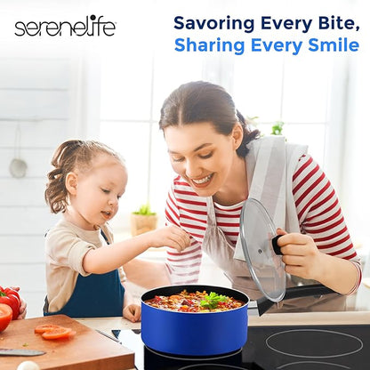 SereneLife Kitchenware Pots & Pans Basic Kitchen Cookware, Black Non-Stick Coating Inside, Heat Resistant Lacquer (6-Piece Set), One Size, Blue