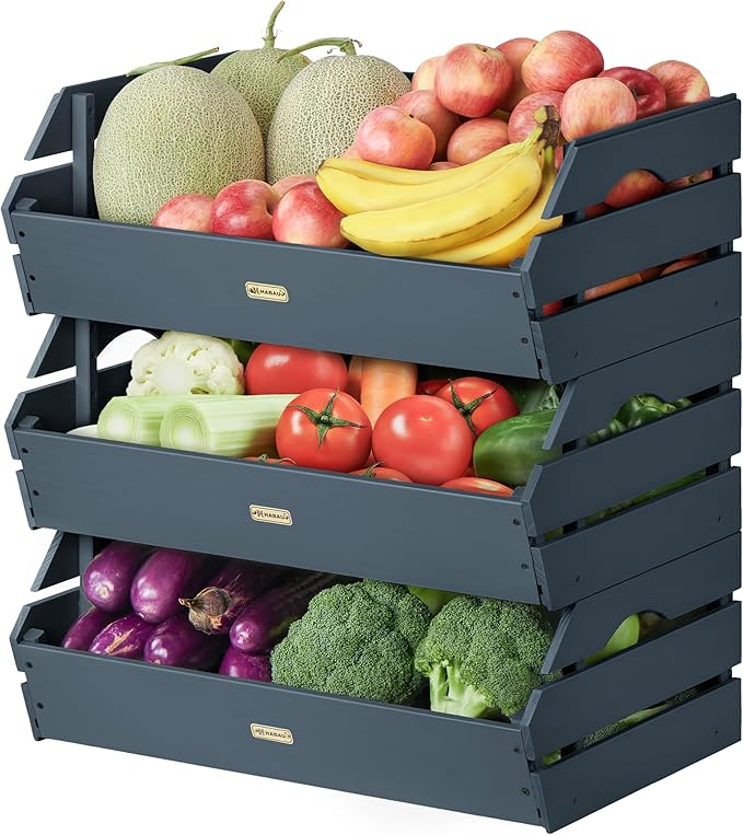 HABAU Wood Potato Onion Storage Bins - Wooden Stackable Produce Basket - Fruit Vegetable Storage for Kitchen Pantry Organization, Set 3 Pieces