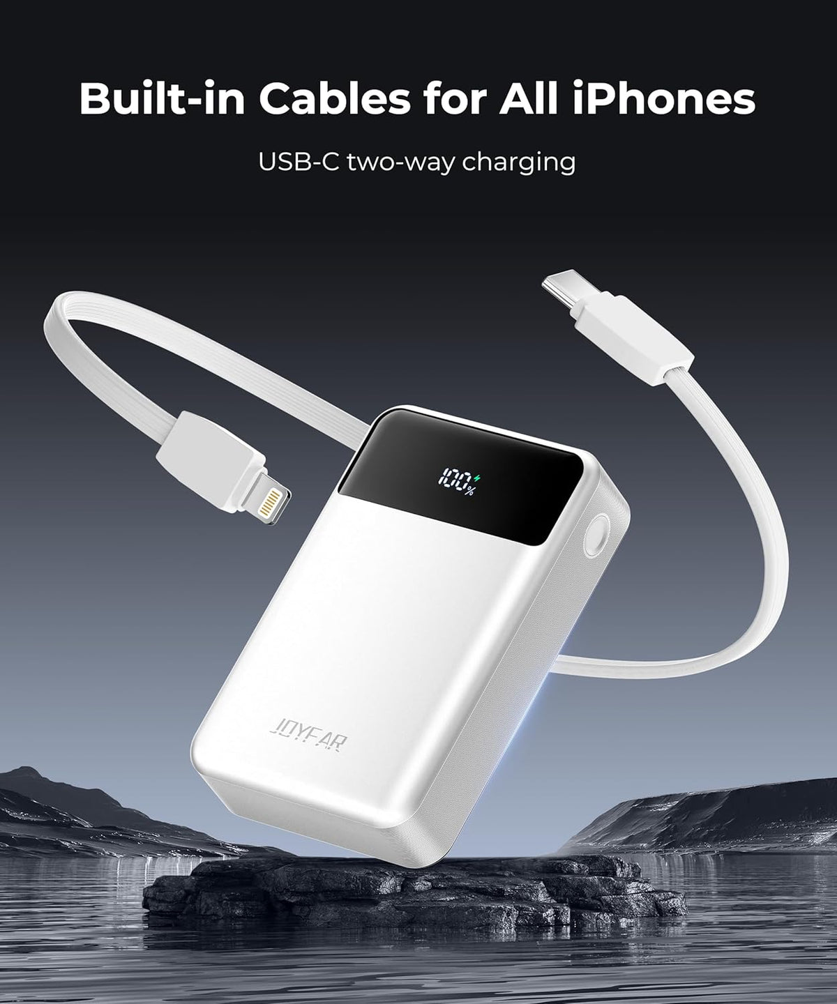 Portable-Charger-Power-Bank Travel Essentials Battery Pack USB C 30000mAh Built in Cable 22.5W Phone Fast Charging Powerbank Compatible with iPhone 16 15 14 13 12 11 iPad Samsung Google (White)