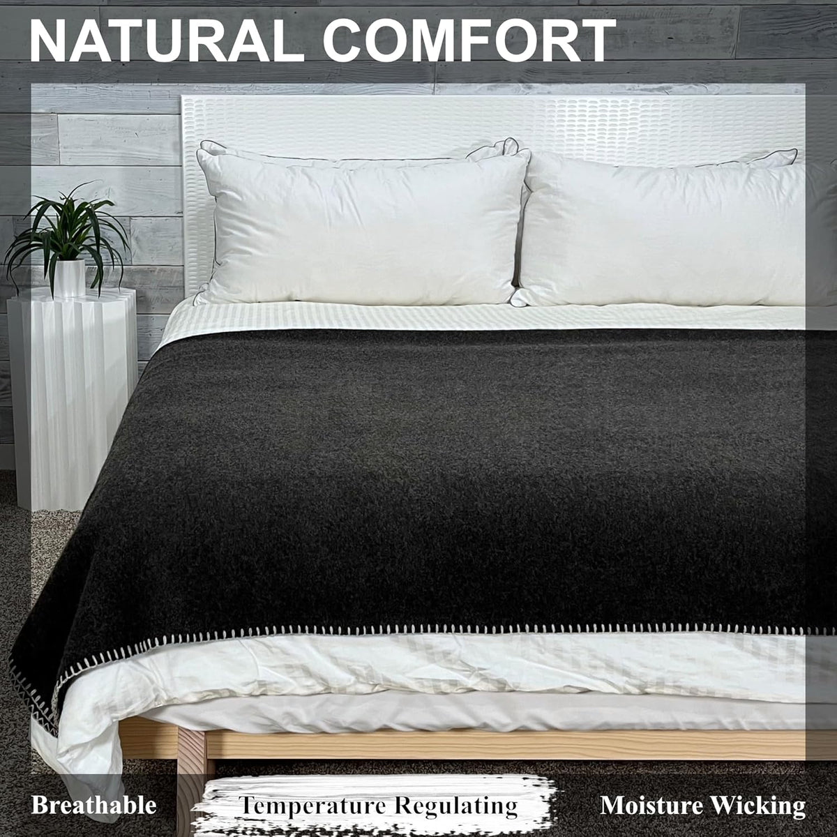 EKTOS 100% Virgin Wool Blanket, 90" x 66", Perfect for Camping, Survival and Bushcraft (Charcoal, Twin Size)