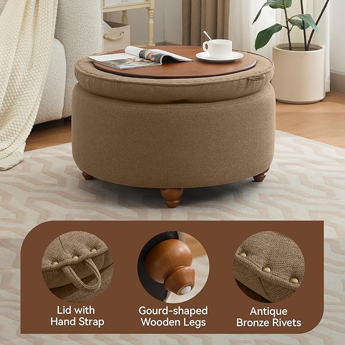 30Inch Round Storage Ottoman with Tray, Modern Tufted Fabric Circle Coffee Table with Storage, Upholstered Ottoman with Removable Top for Living Room, Bedroom, Brown