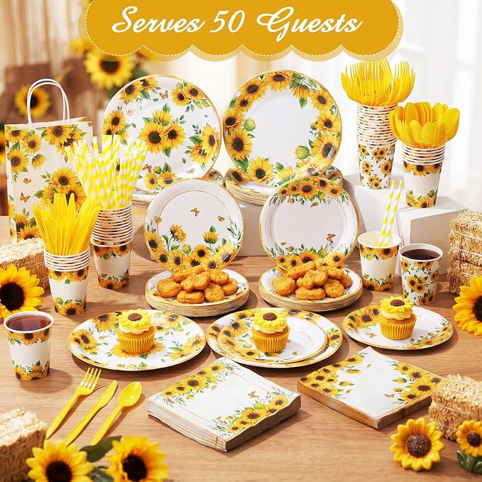450 Pcs Sunflower Birthday Tableware Set Decorations, Serves 50 | Floral Paper