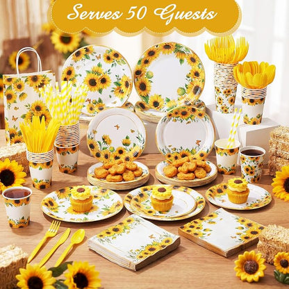 450 Pcs Sunflower Birthday Tableware Set Decorations, Serves 50 | Floral Paper