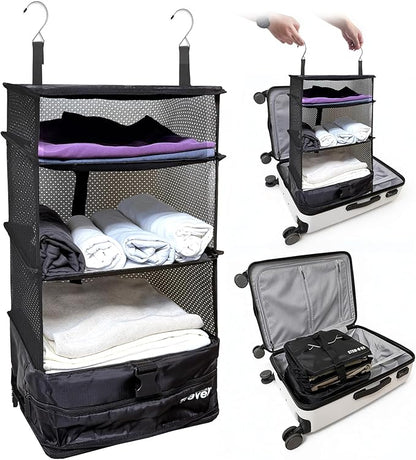Grand Fusion Stow-N-Go Travel Luggage Organizer – Portable Hanging Travel Shelves, Carry-On Closet Organizer, Hanging Packing Cubes, Collapsible Carry-On Organizer for Cruises & Hotels. Black - L