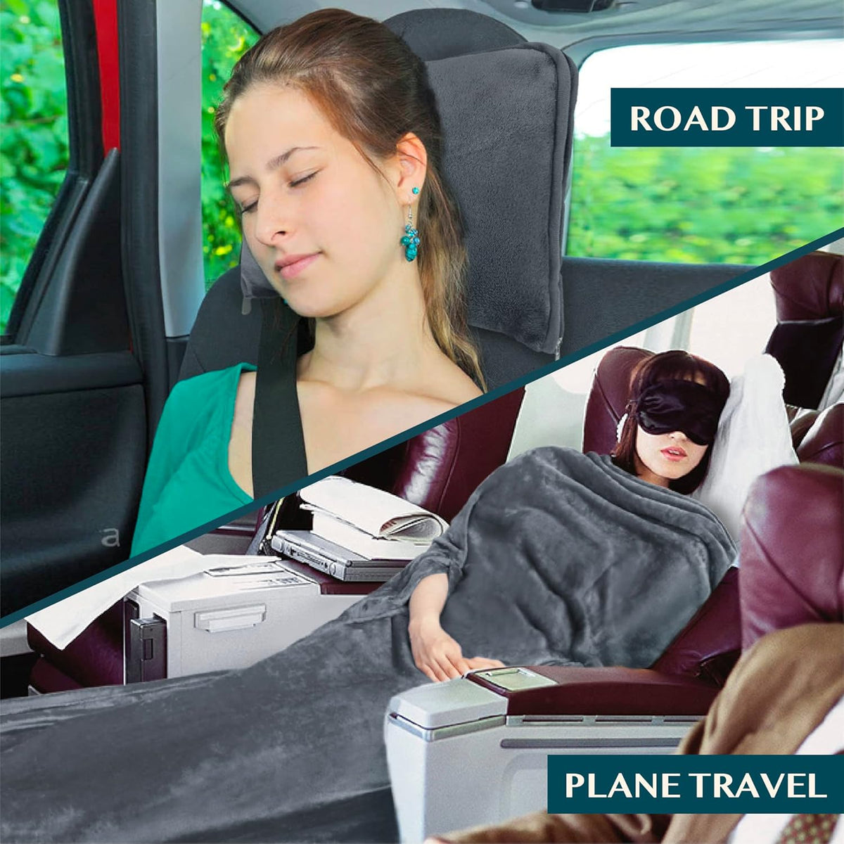 PAVILIA Travel Blanket and Pillow, Arms Opening Airplane Blankets for Adults, Compact Plane Blanket with Arm Hole 2-in-1 Bag for Flight Car Camping Fit in Luggage Backpack Traveler Gift, Dark Gray