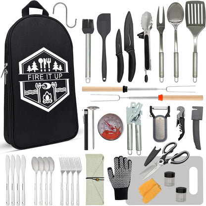 BOMKI Grilling & Camping Cooking Utensils - BBQ & Camping Kitchen Set - Cookware Accessories - Black Pro