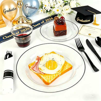 SUT 175 Pcs Black and Clear Plastic Dinnerware Set