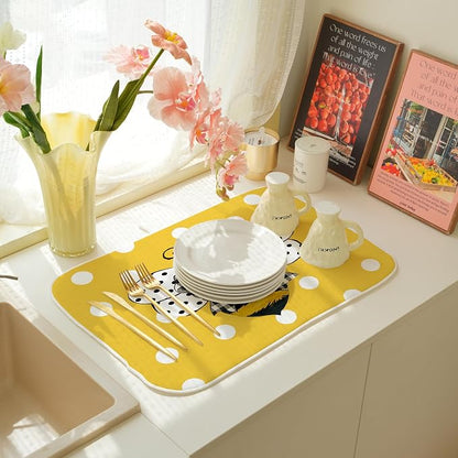 Yellow Bee Dish Drying Mat for Kitchen Counter 18x24 Inch Polka Dots Dish