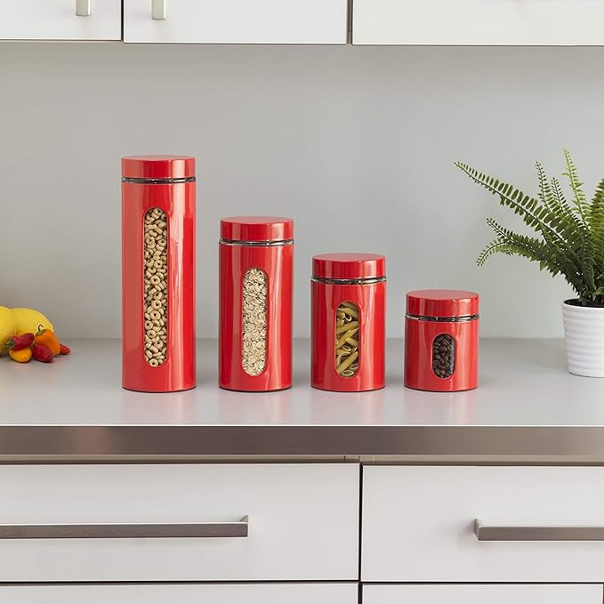 Quality Modern Red Stainless Steel Canister Set for Kitchen Counter with Glass Window & Airtight Lid - Food Storage Containers with Lids Airtight - Pantry Storage and Organization Set
