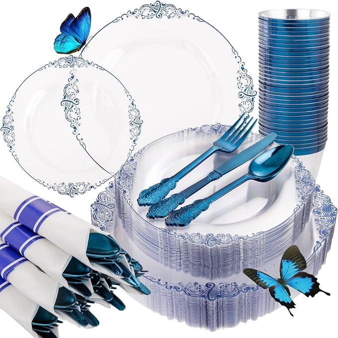 175 Pcs Clear Blue Plates for Graduation | Blue Party Plates Set for 25 Guests