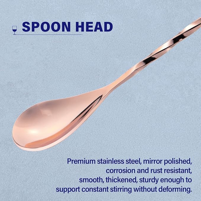 Bar Spoon Cocktail Mixing Stirrer, 12” Long Handle, Rose Gold | 18/8 Stainless