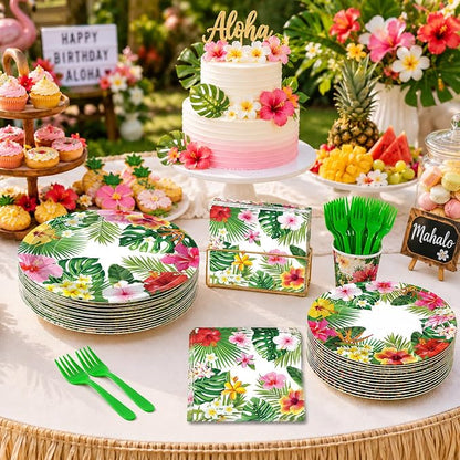 100 Pcs Tropical Luau Party Supplies Set, Serves 25 – Disposable Hibiscus