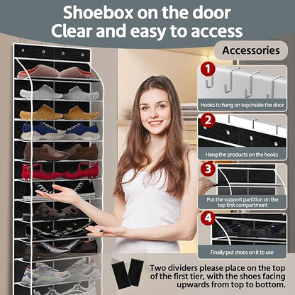 12 Pocket Over the Door Shoe Organizer,Reusable Breathable Large Mesh Bag Men's & Women's Sneaker Organizer,Shoe Organizer for Kids,Hanging Shoe Storage Hanging Bag (Black)