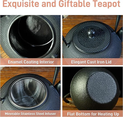 Small Tea Kettle, 40oz Tea Pot, Japanese Tetsubin, Cast Iron Teapot with Infuser for Stovetop Safe Coated with Enameled Interior (Black, 1200ml)