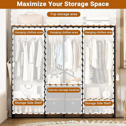 IRONCK Garment Racks with Shelves 4 Drawers and 8 Hooks Heavy Duty Closet Organizer for Hanging Clothes, Freestanding Closet Wardrobe Rack, Vintage Brown