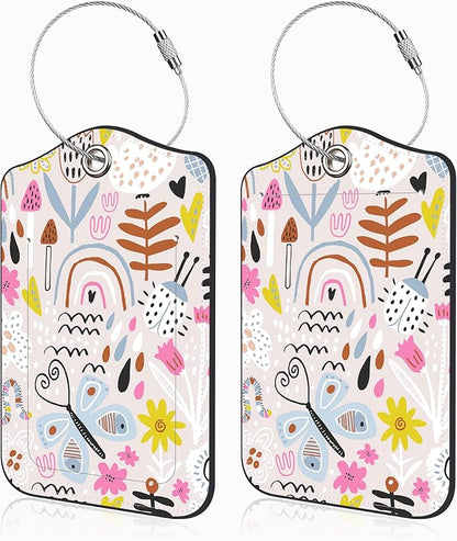 2 Pack Luggage Tags for Suitcases Rainbow Butterfly Mushroom Flower Leather Luggage Tags Privacy Cover ID Label with Stainless Steel Loop and Address Card for Women Men Travel Bag Backpack
