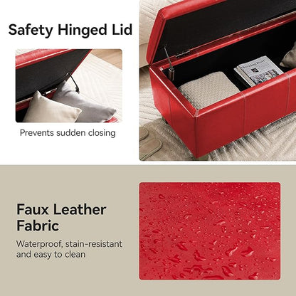 51" Faux Leather Storage Ottoman, Stitch Tufted Rectangle Upholstered End of Bed Storage Bench, Entryway Large Couch Ottoman with Wooden Legs,Red