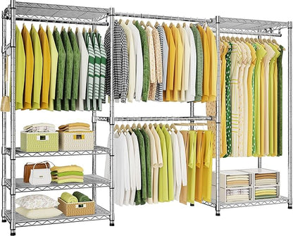 Ulif E1 Heavy Duty Closet Garment Rack, 6 Tiers Adjustable Metal Freestanding Expandable Clothing Storage with 4 Hanger Rods, Easy to Assemble Wardrobe, 71.4" H x (70" - 88.2") L x 14" D, Chrome