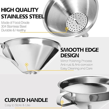 Anaeat Stainless Steel Kitchen Funnel, Multi-Use Premium Metal Food Grade Cooking Funnels with 2 Removable Strainer Filter for Transferring Liquid or Dry ingredients, Oils & 1 Pc Cleaning Brush (4.1")