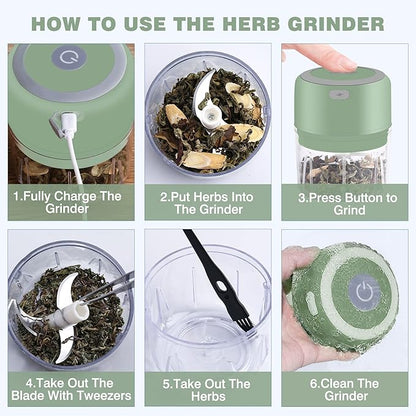 Electric Herb Grinder, 3.5 Inch Large Grinders for Grinding Dry Fresh Herbs and Spice with Clear Chamber, Portable USB Charge Herb Grinder, Including Clean Brush and Tweezers, Gift Box, Green