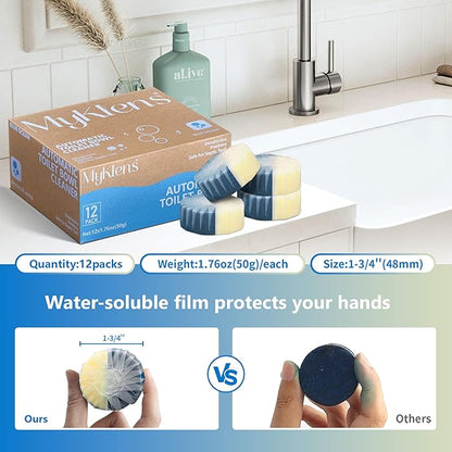 Toilet Bowl Cleaner Tablets, Automatic Toilet Bowl Cleaners, Long-Lasting Toilet Tabs Drop in Tank for Deodorizing & Descaling, Blue & Yellow, 12 Packs