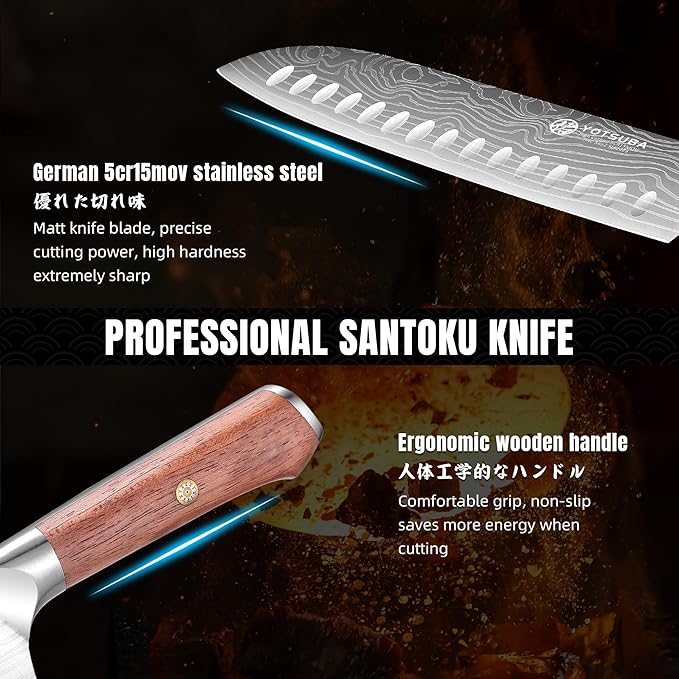 YOTSUBA Santoku Knife, 7 Inch Kitchen Knife, Sharp Japanese Knife with Wooden Handle, Forged High Carbon German Stainless Steel, Chef Knife for Home Chopping Vegetable and Cooking