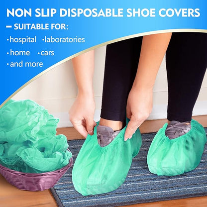 Zhanmai 300 Pack Disposable Shoe Covers Non Slip Disposable Large Foot Booties Shoe Covers for Indoors Contractors Floor and Carpet Protectors, One Size Fits Most(Green)