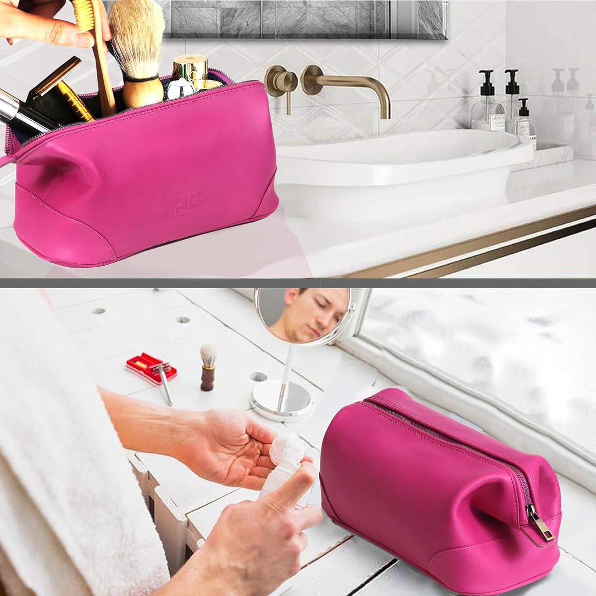 HLC Leather Toiletry Bag for Men - Best Gift for Men - Premium Genuine Leather Dopp Kit Shaving Kit Organizer Travel Kit Pouch Bag for Men - Large Size (pink)