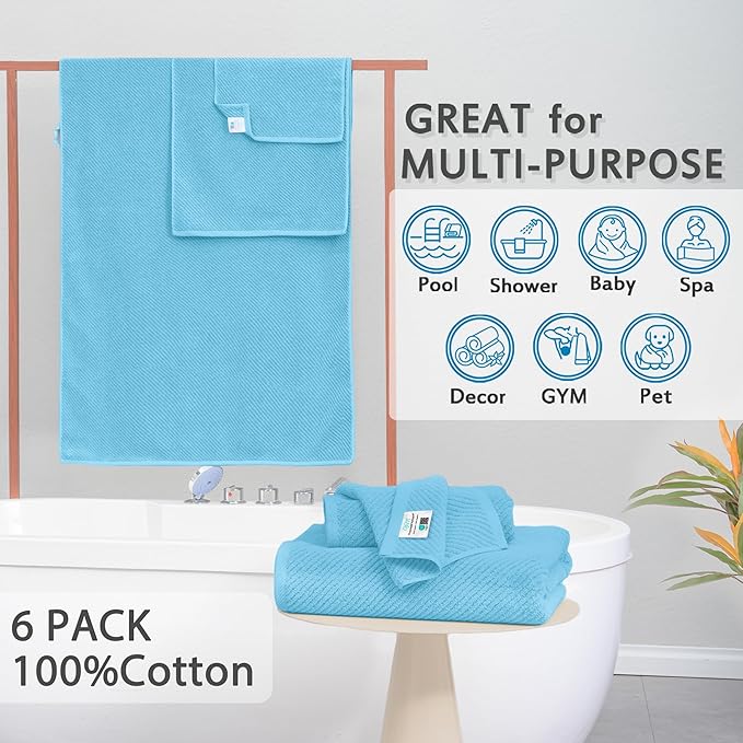 VOOVA & MOVAS Bath Towel Set, 4PC Large 30" x 56" - 100% Cotton | Quick Dry | Thick | Light Weight | Soft | Absorbency, Bath Towels Set for Bathroom, Bathroom Essentials, Ocean Blue