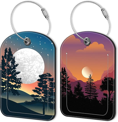 Abstract Mountain Forest Moon Leather Luggage Tag for Suitcase 2 Pack Luggage Tag with Privacy Name ID Label and Stainless Steel Loop for Travel Bag Suitcase