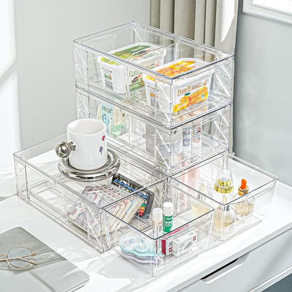 Plastic Drawers Storage, 6Pack Clear Stackable Storage Drawers, Acrylic Storage Bins with Drawers for Fridge Organizers, PlasticDrawers Stackable for Makeup Organizers Cosmetic Display, Medium