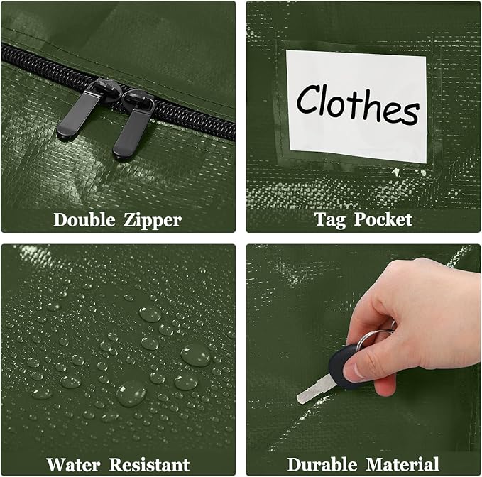 4 Pcs 24 Gallon Large Moving Bags with Zipper and Handles Foldable Storage Duffle Bags Heavy Duty Extra Large Totes for College Dorm Travel Clothes Blankets Bedding Moving (Green)