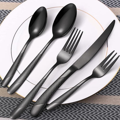 20-Piece Modern Black Hammered Silverware Set, 18/10 Stainless Steel Flatware