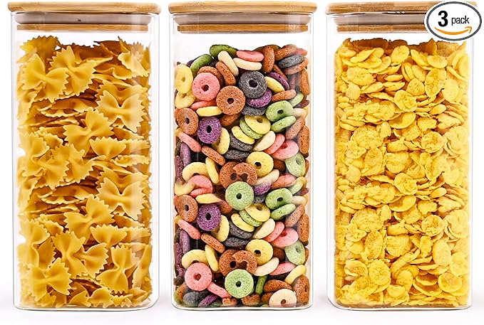 Glass Food Storage Jars Square 51oz, 3 Pack Glass Jars With Bamboo Lids, Kitchen Storage Containers For Spice, Candy, Cookie, Storage For Pantry Organizers