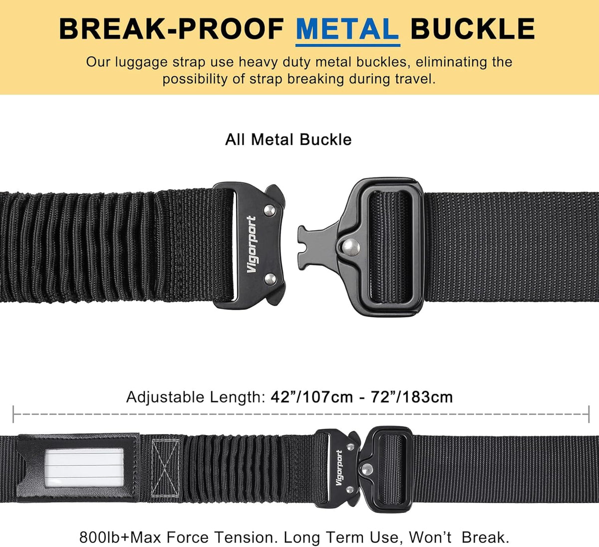 Vigorport Luggage Straps for Suitcases 2 Pack, Heavy Duty Metal Buckle Luggage Belt Strap, TSA Approved Suitcase Belt, Stretchable Travel Strap for Luggage
