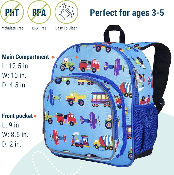 Wildkin 12-inch Kids Backpack – Padded, Adjustable, Ideal for Daycare & Travel - Trains, Planes, and Trucks