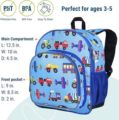 Wildkin 12-inch Kids Backpack – Padded, Adjustable, Ideal for Daycare & Travel - Trains, Planes, and Trucks