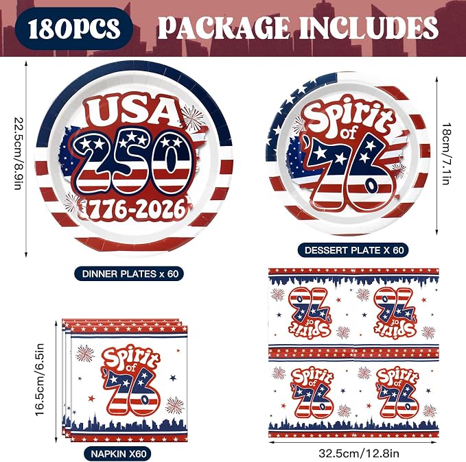 180Pcs 4th of July paper Plates and Napkins Party Supplies, Serve 60 |