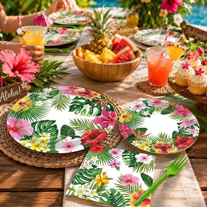 100 Pcs Tropical Luau Party Supplies Set, Serves 25 – Disposable Hibiscus