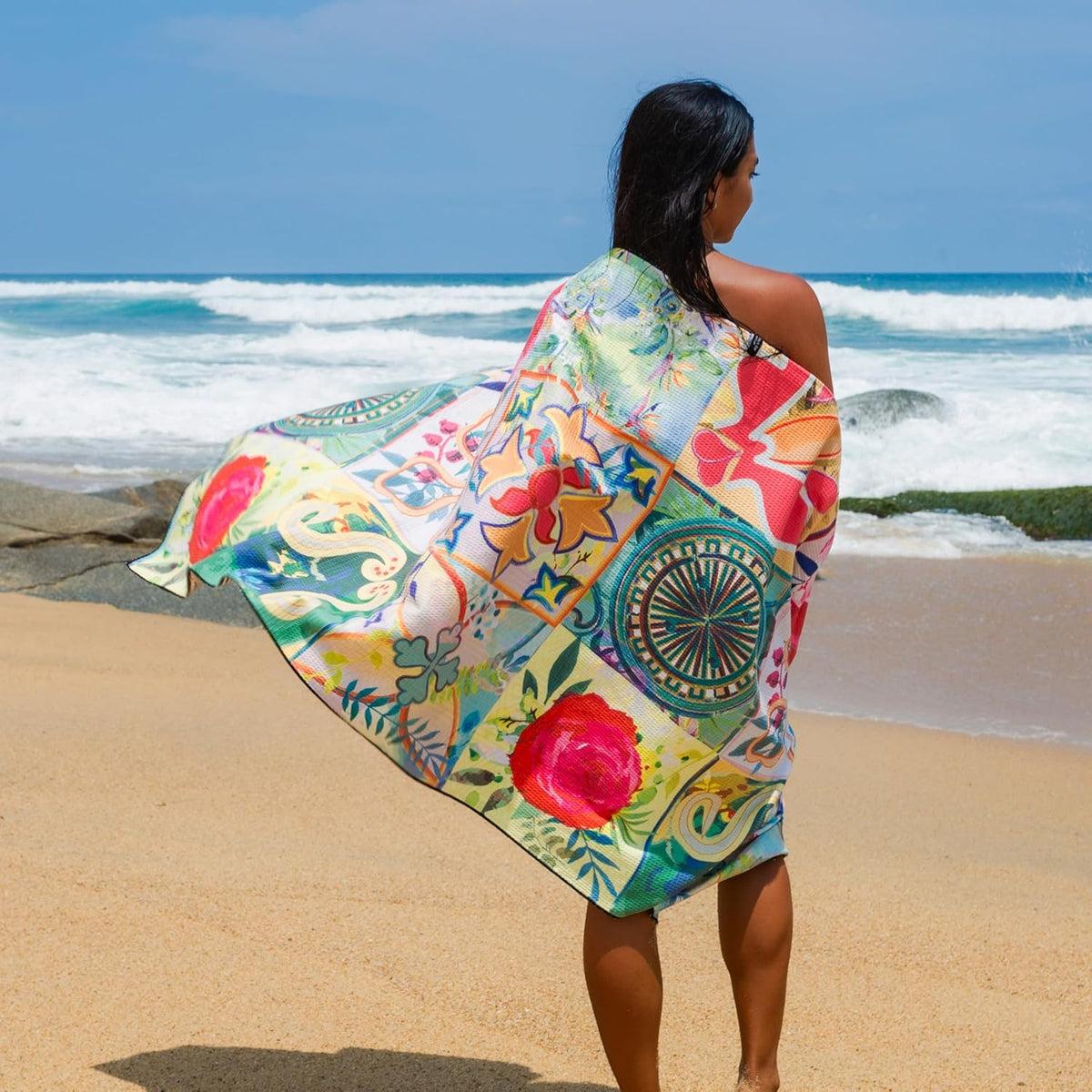 Quick Dry Towel Extra Large Waffle 78x35 Inch - Microfiber Beach Towel - Perfect for Beach, Travel, Swimming, Pool, Yoga, Hiking, Camping - Lightweight, Fast Drying, Compact for Adults (Blossom)