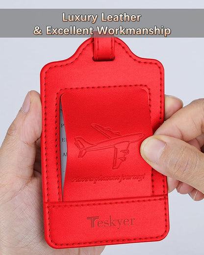 Teskyer Luggage Tags, 3 Pack Premium PU Leather Luggage Tags for Suitcases, Privacy Protection Travel Bag Tags, Red
