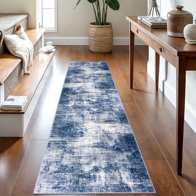 IOHOUZE Abstract Runner Rug 2x8 Ft Washable Runners for Hallways, Non Slip Kitchen Runner Printed Faux Wool Entryway Runner Indoor, Modern Abstract Floor Carpet for Hall Kitchen Bedroom, Navy/Grey