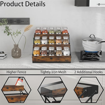 3 Tier Spice Rack Organizer for Cabinet, Foldable Spice Rack for Countertop, Cabinet Drawers Rustic Wooden Seasoning Spice storage for Kitchen Station, Pantry, Home - 1PC