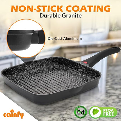 11 Inch Non Stick Grill Pan Granite Coated with Pour Spout - Lightweight 2.66 Quart Grill Pan for Indoor Cooking with Grip Handle - Induction Compatible PFOA Free Stove Top (Black)
