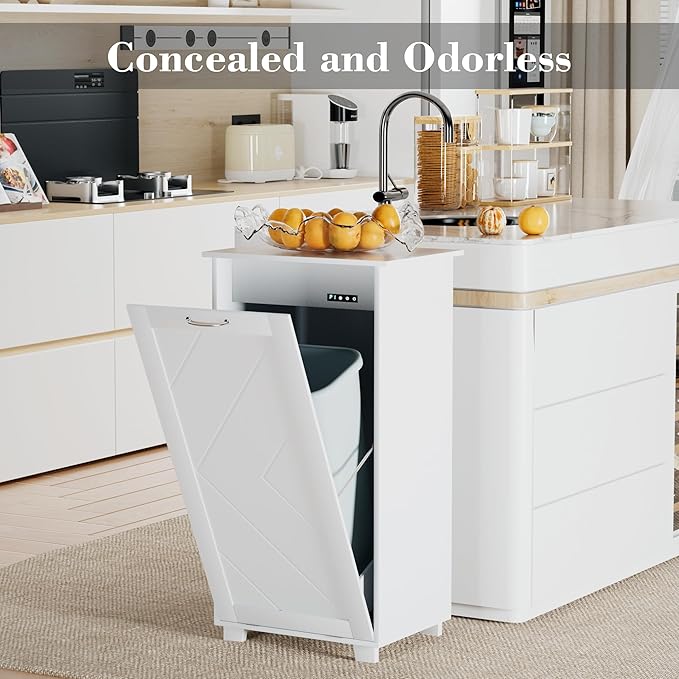 VECELO Tilt Out Kitchen Trash Bin Cabinet, Dog Proof Garbage Can with Wood Holder Free Standing Recycling, Pure White