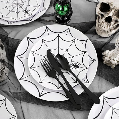 WDF 60Pieces Halloween Plates Disposable Plastic - White and Black with Cobwebs plates Dinnerware include 30PCS 10.25inch and 30PCS 7.5inch Plates for Halloween