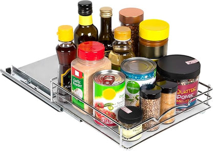 Pull Out Cabinet Organizer for Spices, Cans - Heavy Duty with Lifetime Limited Warranty- Pull Out Spice Rack- Cabinet Pull Out Shelf for Cans,Dishes, Etc, 10"W x 10"D x 2-1/8 H, Chrome